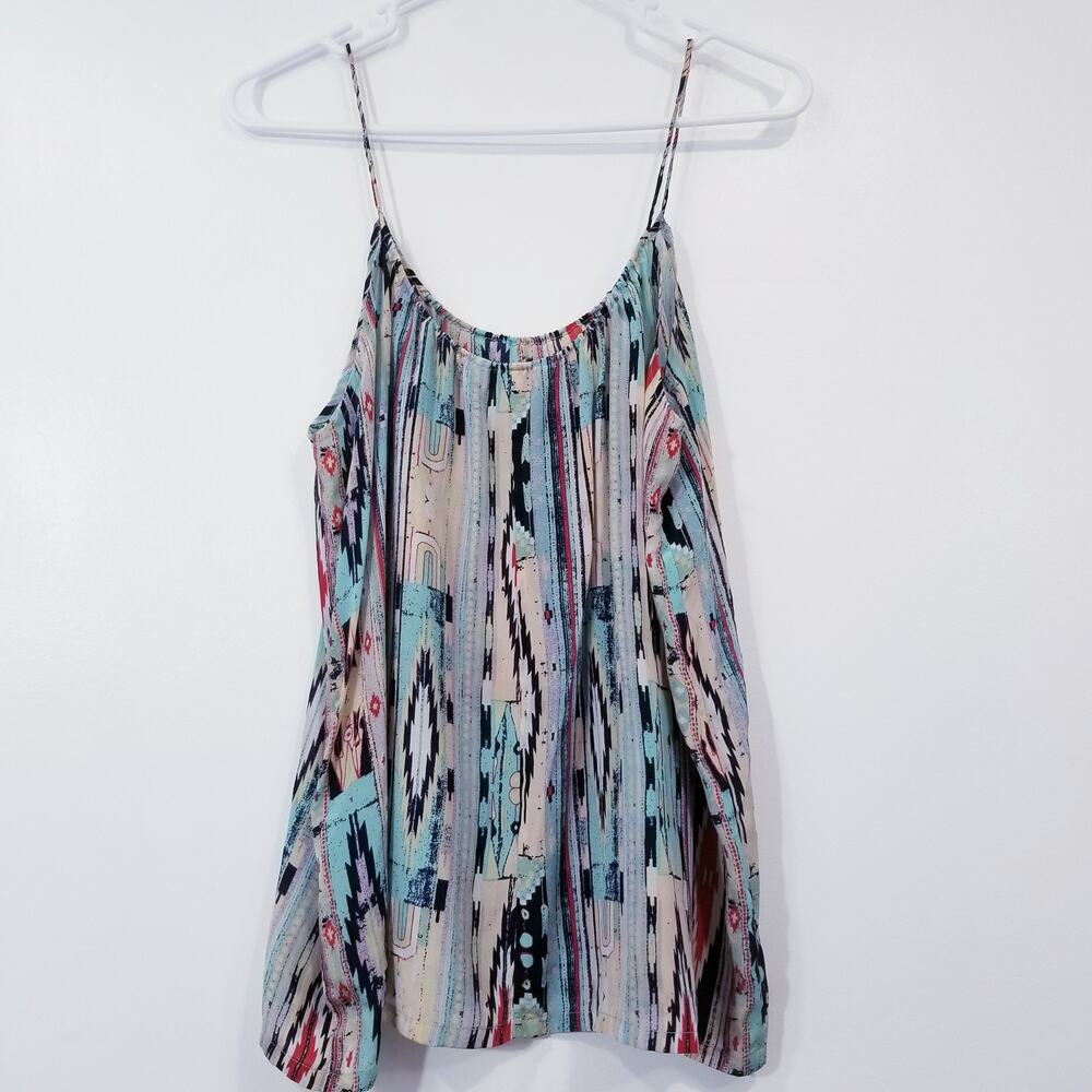 TUCKER 100% Silk Blouse Splash Multicolor Scoop Neck Spaghetti Straps